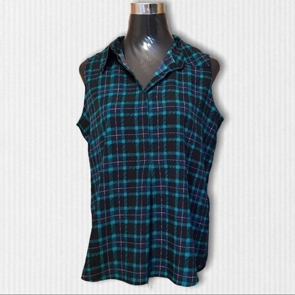 Tommy Hilfiger Sleeveless Plaid Blouse Dark Academia & Y2K Preppy Style - Picture 2 of 11